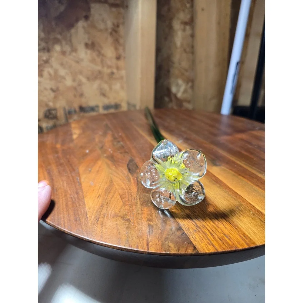 Hand Blown Art Glass Flower Long Green Stem Yellow Center Clear Petals 12 Inch